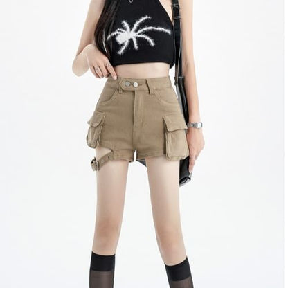 High Waist Plain Cutout Buckled Denim Cargo Shorts