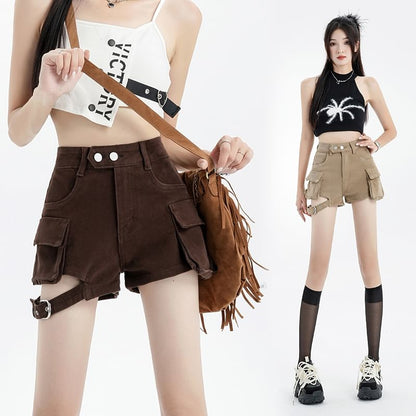 High Waist Plain Cutout Buckled Denim Cargo Shorts