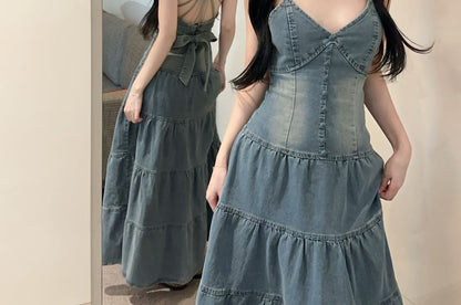 Spaghetti Strap V Neck Washed Tiered Tie Back Denim A-Line Dress