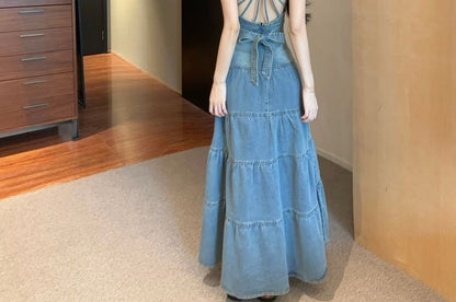 Spaghetti Strap V Neck Washed Tiered Tie Back Denim A-Line Dress