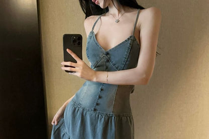 Spaghetti Strap V Neck Washed Tiered Tie Back Denim A-Line Dress