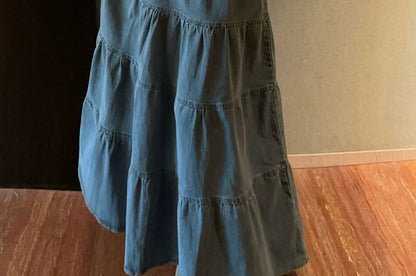 Spaghetti Strap V Neck Washed Tiered Tie Back Denim A-Line Dress