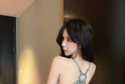 Spaghetti Strap V Neck Washed Tiered Tie Back Denim A-Line Dress