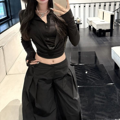 Long-Sleeve Collar Plain Cropped Tee / Low Rise Inverted Pleated Wide Leg Pants