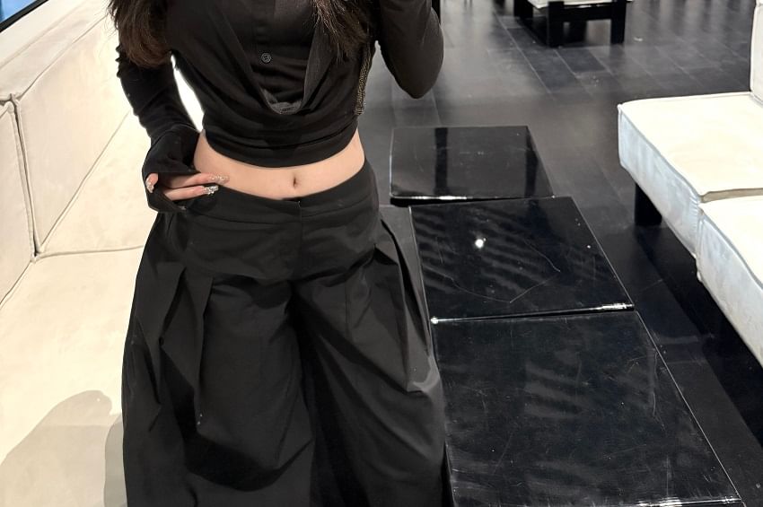 Long-Sleeve Collar Plain Cropped Tee / Low Rise Inverted Pleated Wide Leg Pants