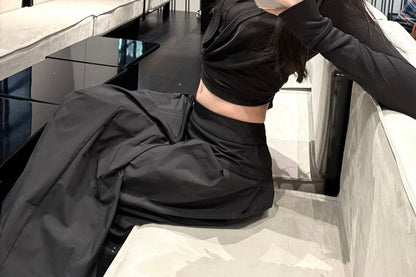 Long-Sleeve Collar Plain Cropped Tee / Low Rise Inverted Pleated Wide Leg Pants