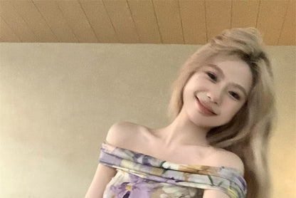 Short-Sleeve Off-Shoulder Floral Ruched Cropped Tee