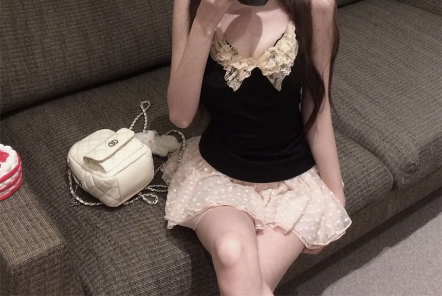 Scoop Neck Plain Lace Trim Halter Top / Mid Rise Dotted Asymmetrical Mini A-Line Skirt