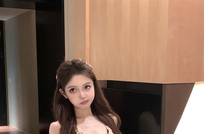 Scoop Neck Plain Lace Trim Halter Top / Mid Rise Dotted Asymmetrical Mini A-Line Skirt