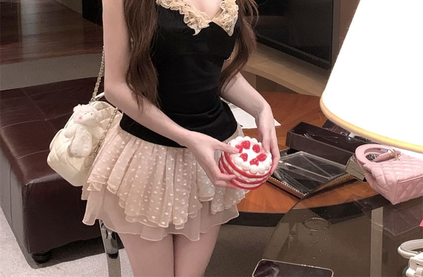 Scoop Neck Plain Lace Trim Halter Top / Mid Rise Dotted Asymmetrical Mini A-Line Skirt