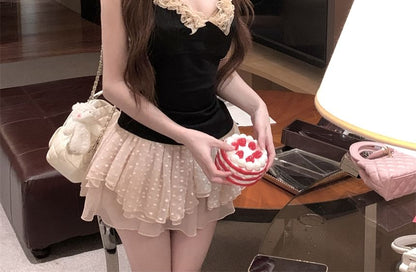 Scoop Neck Plain Lace Trim Halter Top / Mid Rise Dotted Asymmetrical Mini A-Line Skirt