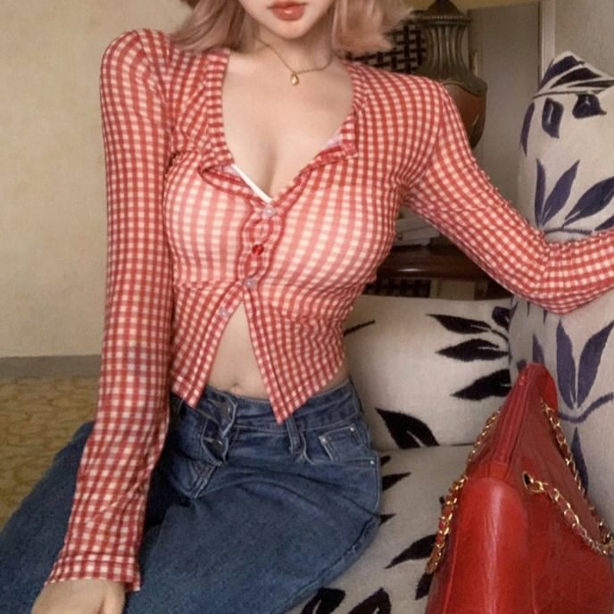 Long-Sleeve Gingham Button-Up Crop Mesh Top