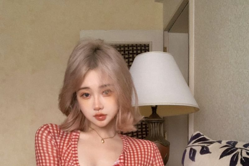 Long-Sleeve Gingham Button-Up Crop Mesh Top