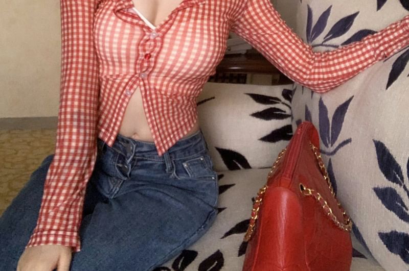 Long-Sleeve Gingham Button-Up Crop Mesh Top
