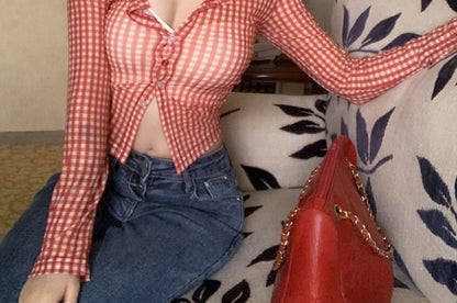 Long-Sleeve Gingham Button-Up Crop Mesh Top