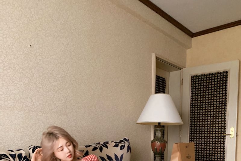 Long-Sleeve Gingham Button-Up Crop Mesh Top