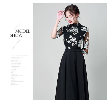 Elbow Sleeve Lace Overlay A-Line Maxi Dress