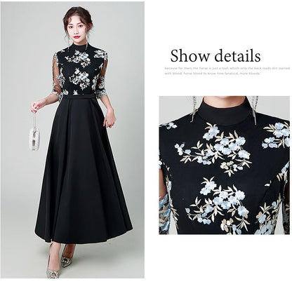 Elbow Sleeve Lace Overlay A-Line Maxi Dress