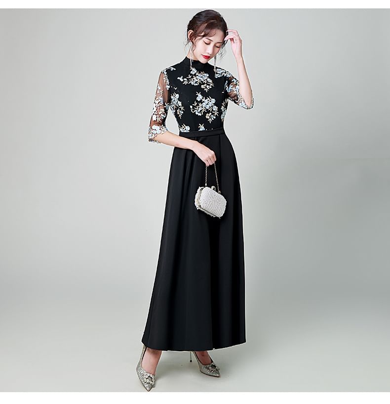 Elbow Sleeve Lace Overlay A-Line Maxi Dress