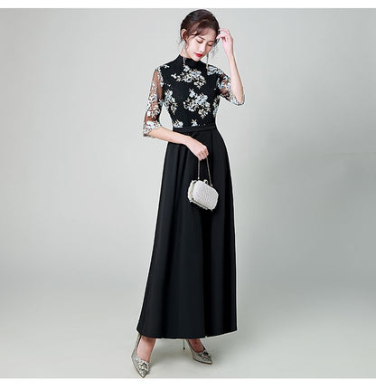 Elbow Sleeve Lace Overlay A-Line Maxi Dress