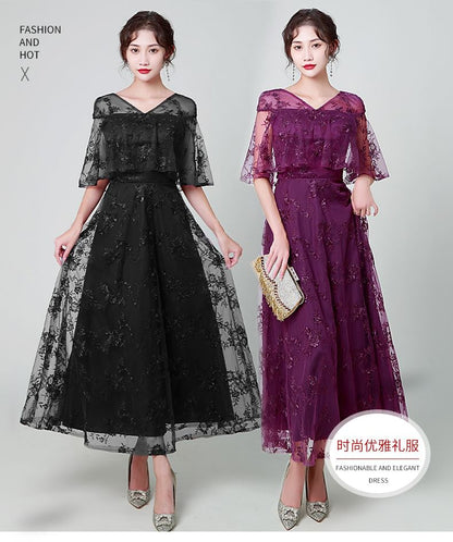 Elbow Sleeve V Neck Lace A-Line Maxi Dress