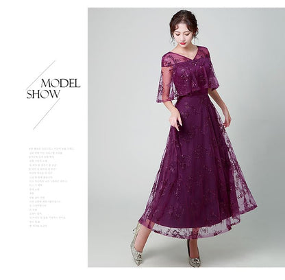 Elbow Sleeve V Neck Lace A-Line Maxi Dress