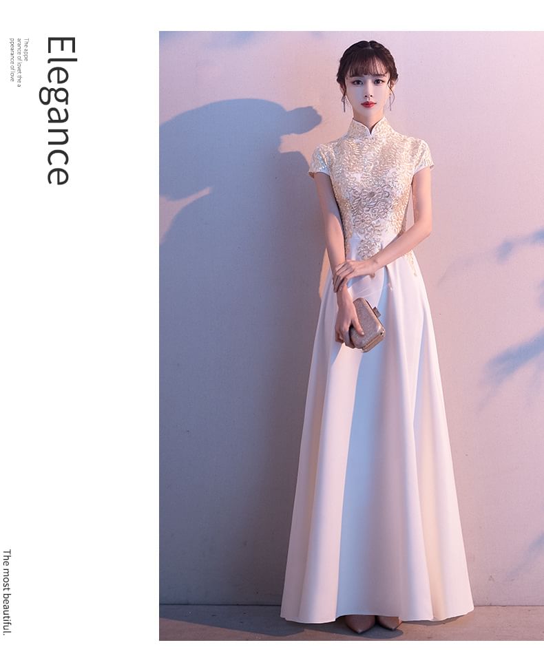Gown Collar A-Line Stand Short-Sleeve Evening Lace