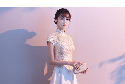 Gown Collar A-Line Stand Short-Sleeve Evening Lace