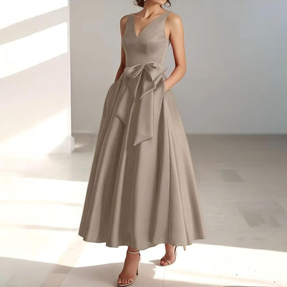 Sleeveless V Neck Plain A-Line Maxi Dress
