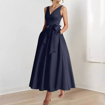 Sleeveless V Neck Plain A-Line Maxi Dress