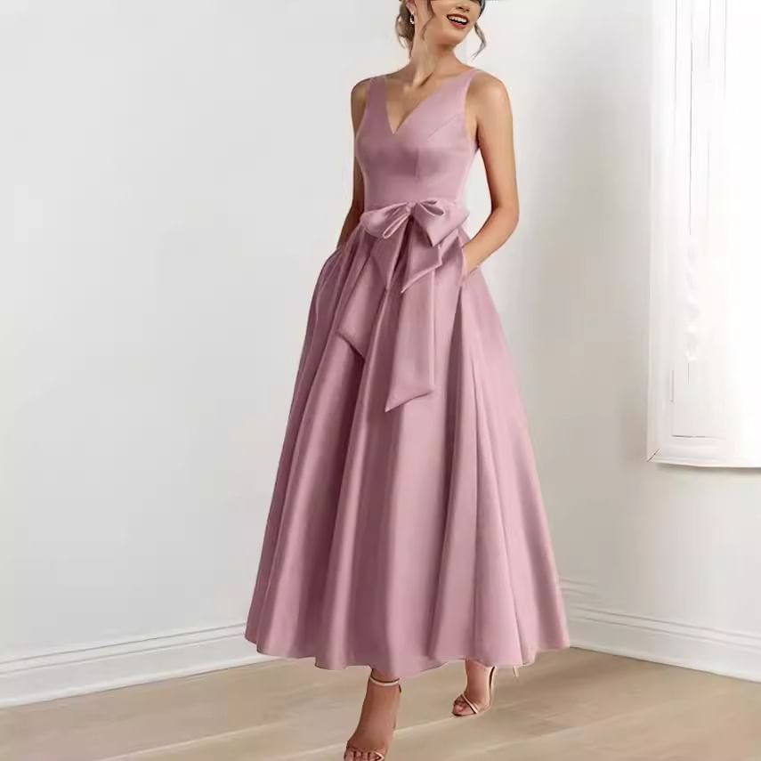 Sleeveless V Neck Plain A-Line Maxi Dress