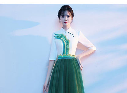 Short-Sleeve Stand Collar Two Tone A-Line Evening Gown