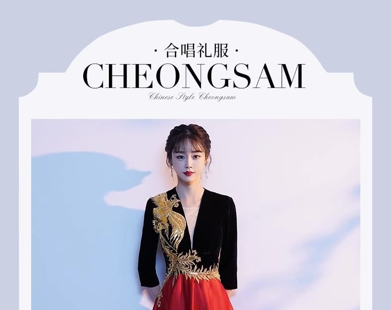 Evening Embroidered A-Line 3/4-Sleeve V-Neck Gown