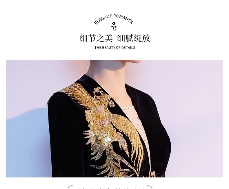 3/4-Sleeve V-Neck Embroidered A-Line Evening Gown