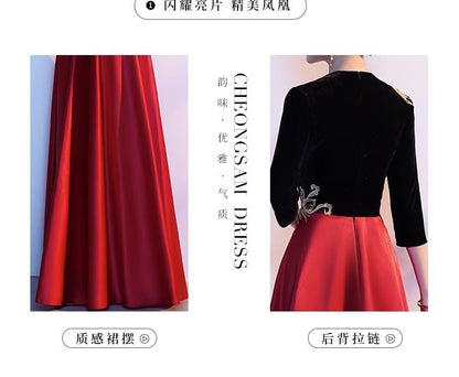 3/4-Sleeve V-Neck Embroidered A-Line Evening Gown