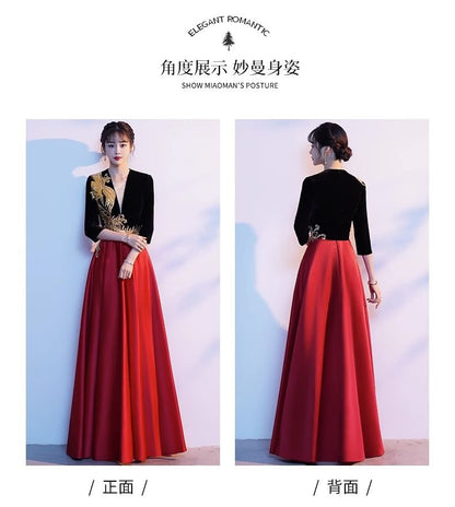3/4-Sleeve V-Neck Embroidered A-Line Evening Gown