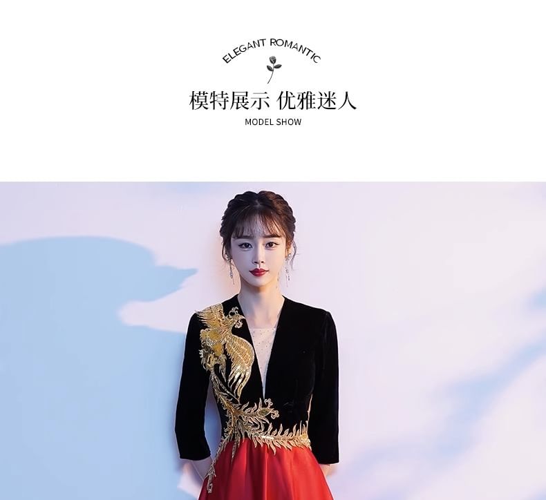 Evening Embroidered A-Line 3/4-Sleeve V-Neck Gown