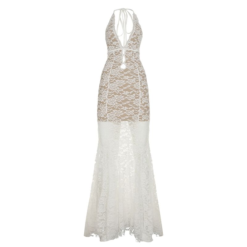Sleeveless V-Neck Lace Open-Back Fishtail Maxi Bodycon Party Dress