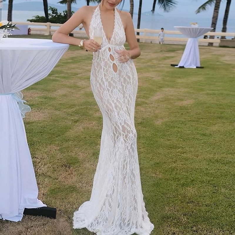Sleeveless V-Neck Lace Open-Back Fishtail Maxi Bodycon Party Dress