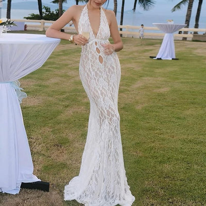 Sleeveless V-Neck Lace Open-Back Fishtail Maxi Bodycon Party Dress