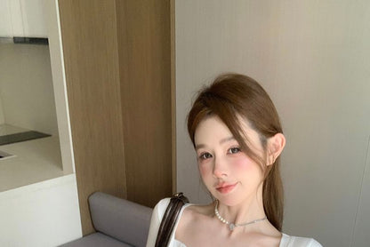 Long-Sleeve Square-Neck Plain Shirred Crop Top