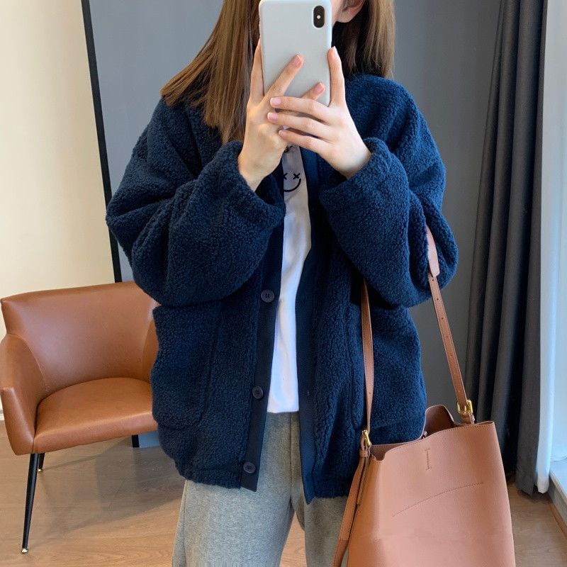 Round Neck Plain Button Teddy Jacket