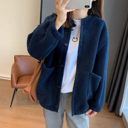 Round Neck Plain Button Teddy Jacket