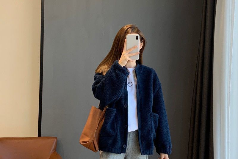 Round Neck Plain Button Teddy Jacket