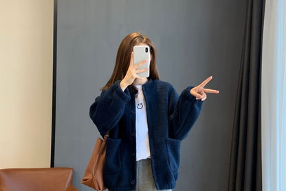 Round Neck Plain Button Teddy Jacket