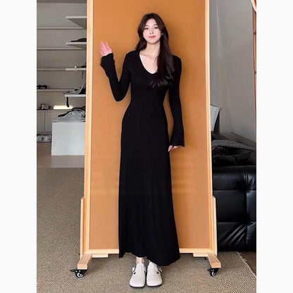 Flared Sleeve V Neck Plain Sheath Maxi Dress