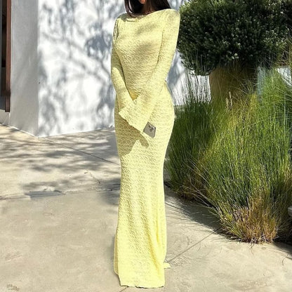 Long Sleeve Plain Open Back Sheath Maxi Dress