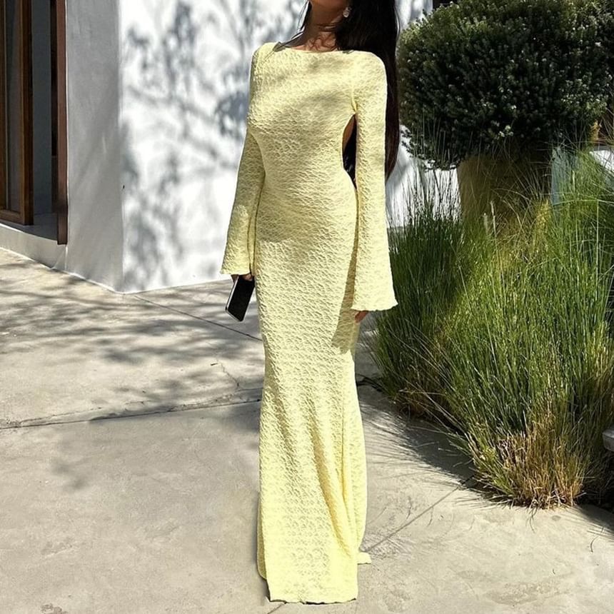 Long Sleeve Plain Open Back Sheath Maxi Dress