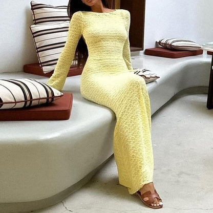 Long Sleeve Plain Open Back Sheath Maxi Dress