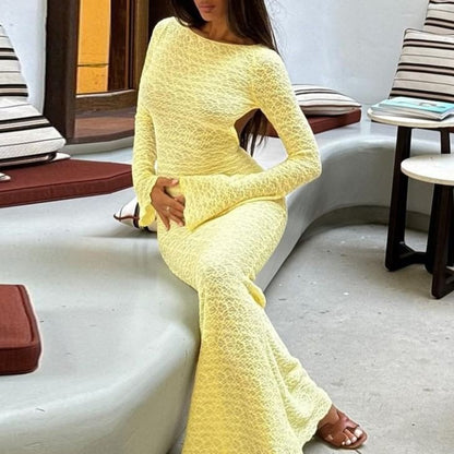 Long Sleeve Plain Open Back Sheath Maxi Dress